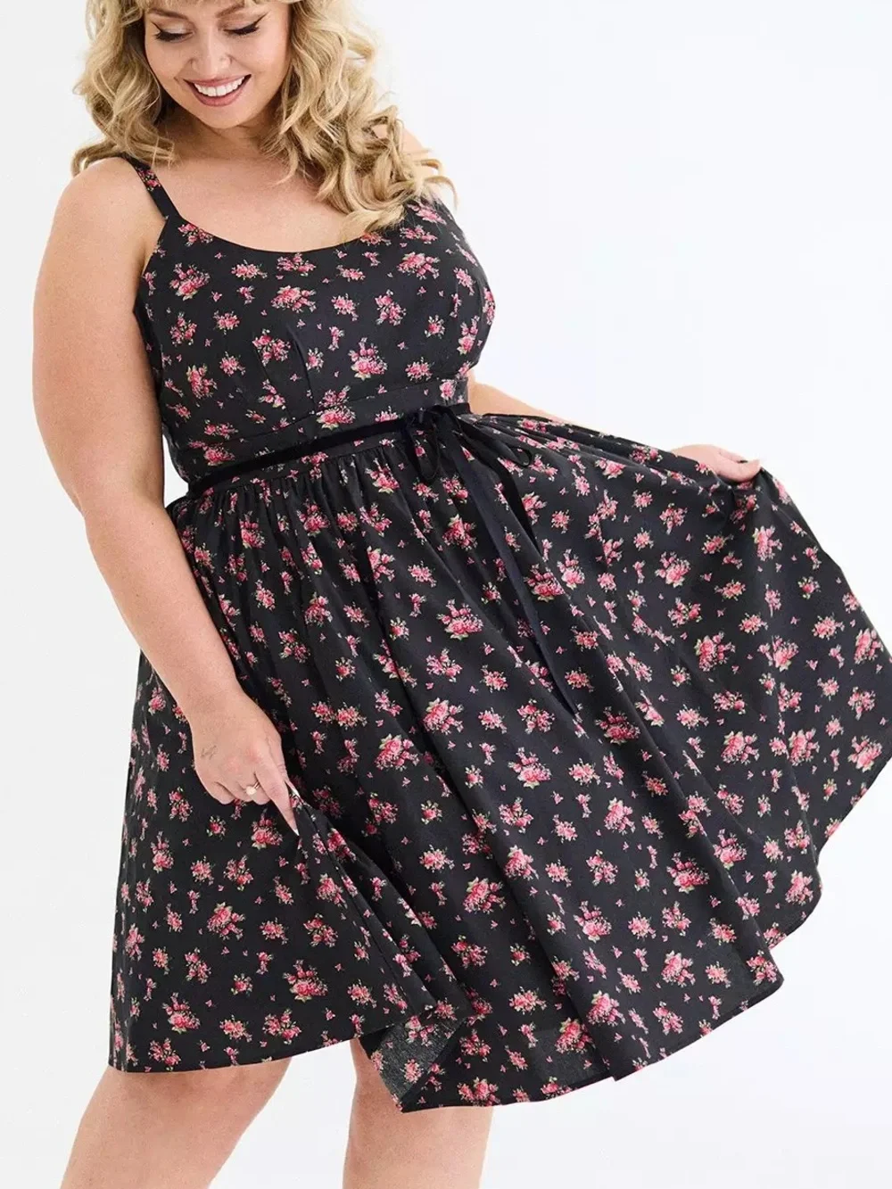 Retro Chic By Torrid Sz 00 US M/L 10 Black Floral Pin Up Belted Swing Dress NWT